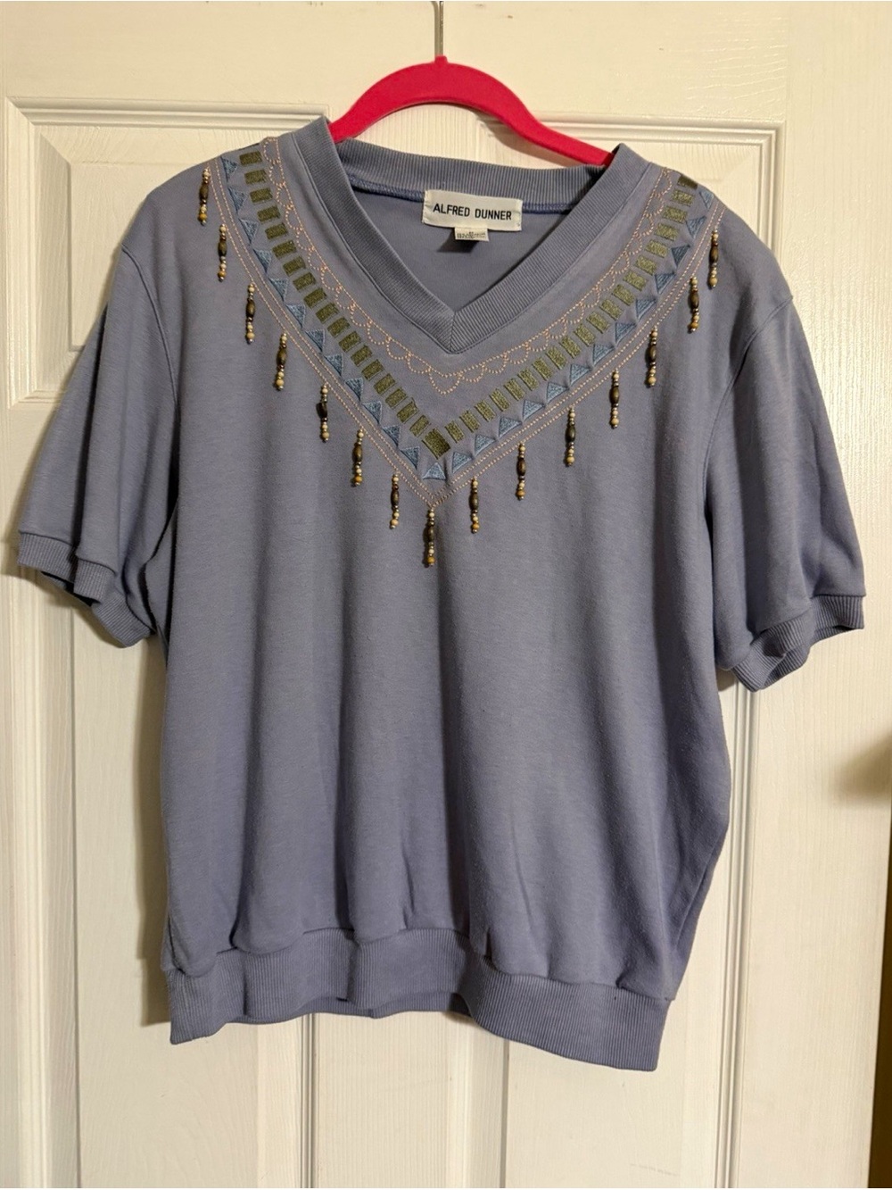 Alfred Dunner Women’s M Blue Cotton Blend Knit Geometric Beaded V-Neck Top